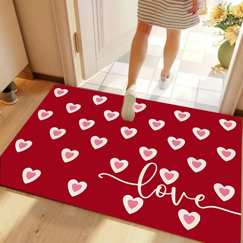 Red White Heart Pattern Floor Mat Rugs Carpets Home Decoration Non Slip Washable Love Theme Door Mat Kitchen Mat Welcome Mat