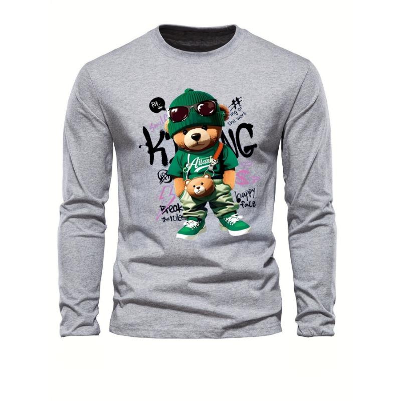 Men's loose and comfortable sports casual fashion cartoon bear print round neck long sleeved T-shirt top