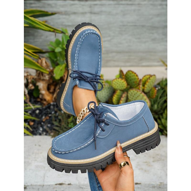 Women's Block Heel Non Slip Lace Up Leather Shoes Spring Autumn Solid Color British Style Loafers