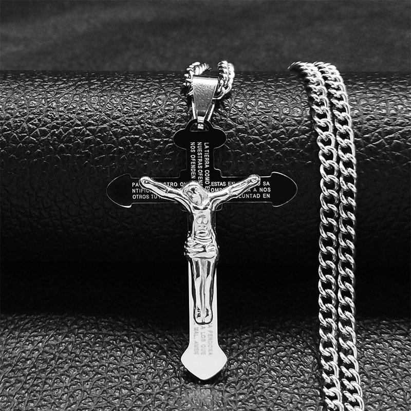 Christian Bible Stainless Steel Jesus Cross Long Necklace Men/Women Necklace Pendant Religious Jewelry Acero Inoxidable N6193S05