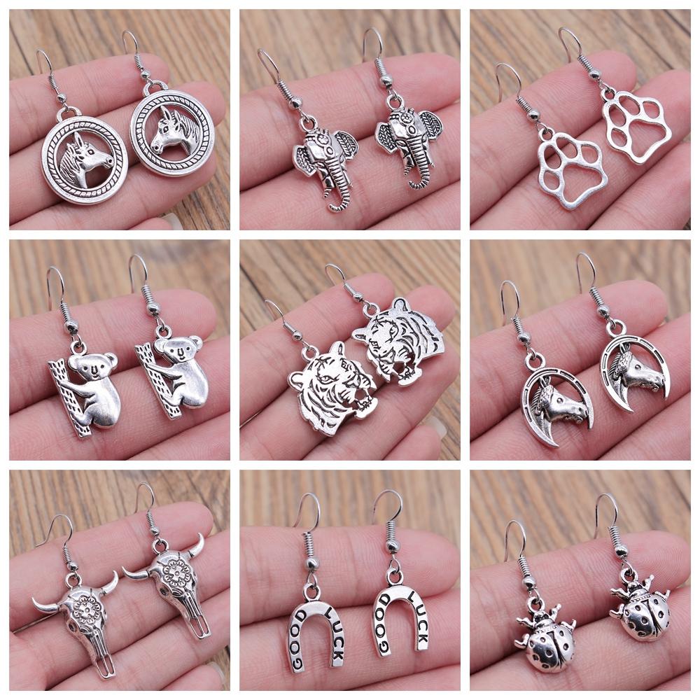 50 Styles Animal Pendant Dangle Earrings Drop Earrings Antique Silver Color Plated Unicorn Horse Elephant Snake Tiger Earrings