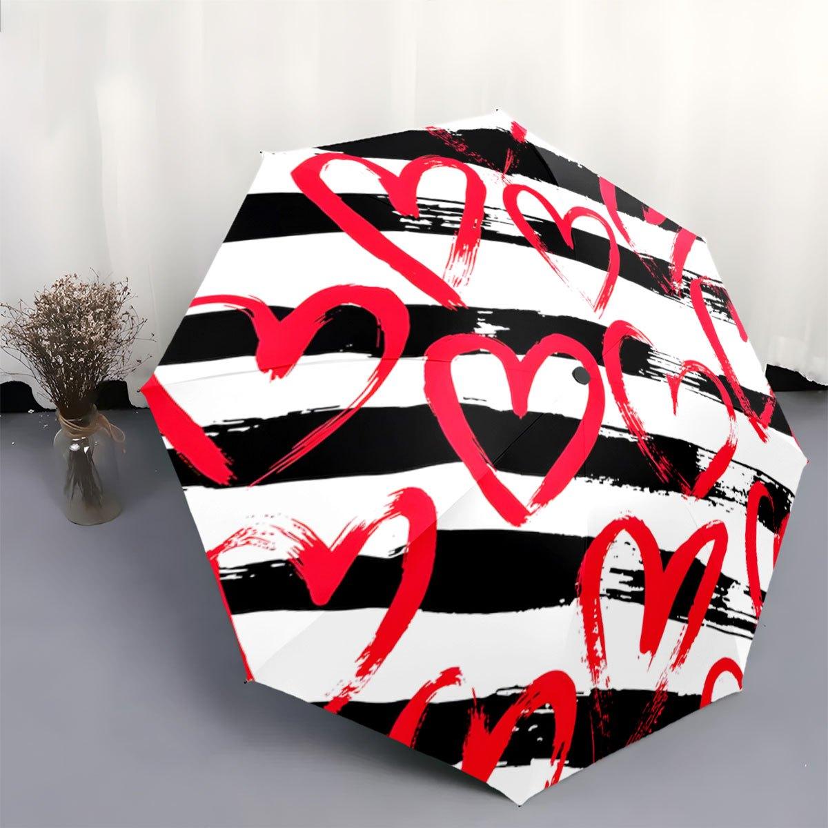 

Open/Close Portable Folding Umbrella with Striped Canopy & Bold Heart Design - Compact Umbrella Suitable for Travel, Backpack, Iron&8K
