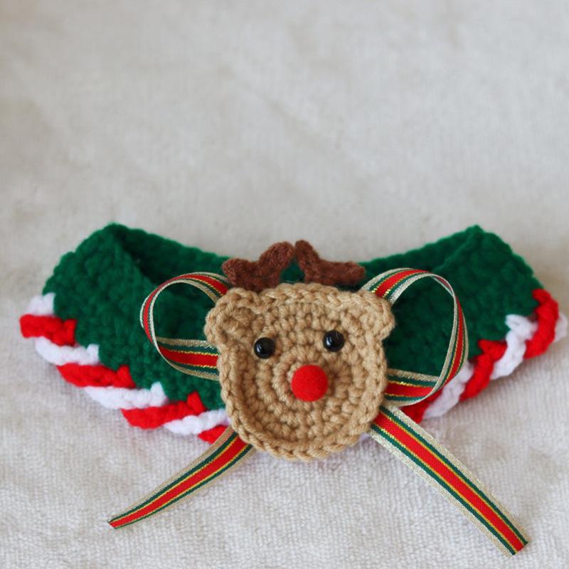 Festive Santa Claus Wool Knitted Pet Collar with Bells and Reindeer Scarf for Cats and Dogs