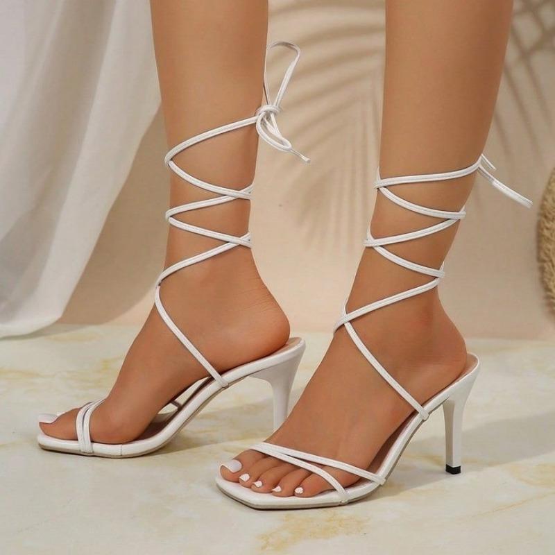 

Fashion Women Comfortable Lace Up Sandals New Party Sexy Ankle High Heels Sandals Square Head Open Toe Women Shoes Sandalias De Mujer 35 белый