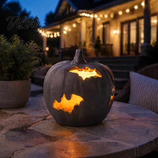 Illuminazione Notturna Atmosferica Zucca di Halloween Statuetta in Resina, Lanterna a Forma di Pipistrello Traforata con Artigianato Artistico Luce Calda, Spettrale Interno Esterno Casa Tavolo