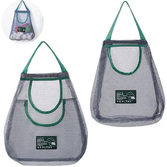 2 Pack Hanging Mesh Storage Bags (Single + Dual Pocket) Reusable Hanging Mesh Storage Produce Bags for Kitchen Storage Fruits, Onion, Garlic &