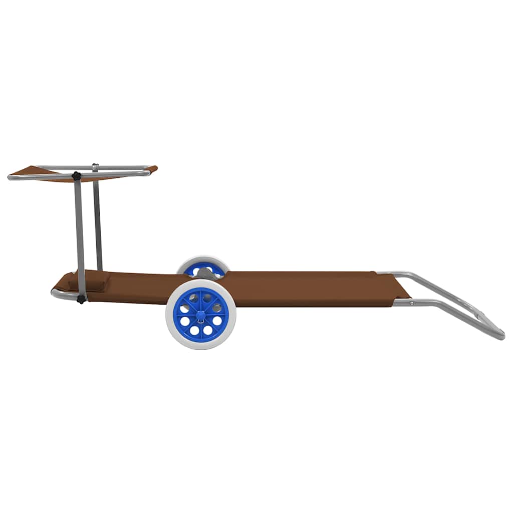 Folding Sun Lounger with Sunshade and Wheels Steel Taupe