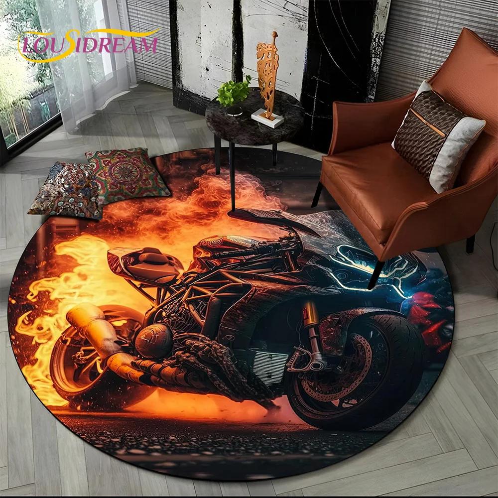 3D Retro Vintage Motorcycle Cartoon Round Area Carpet Rug for Living Room Bedroom Kid Playroom Decor,Pet Area Rug Non-slip Gift