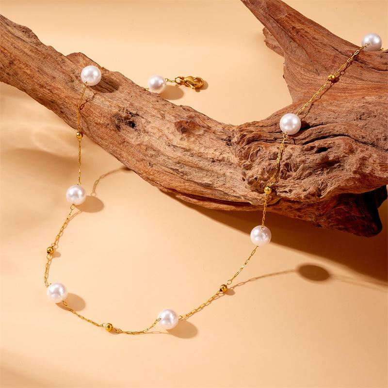 

Gold Plated Freshwater Pearl Pendant Necklace, Dainty Station Chain Choker, Elegant Stainless Steel Jewelry for Women Gift золотой