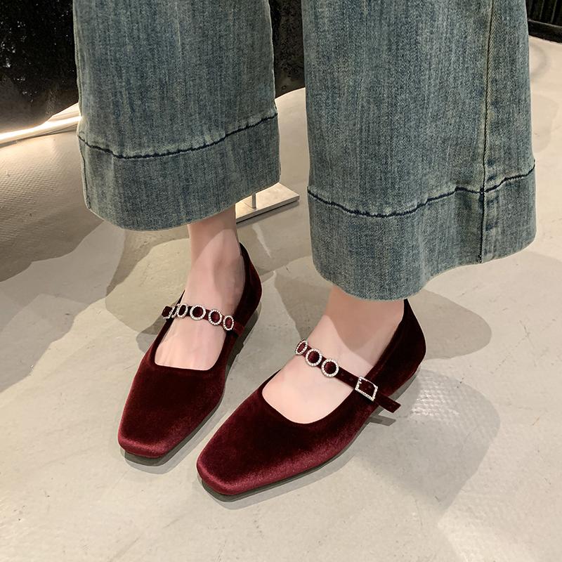 Crystal Fashion Women Ballet Dance Shoes Suede Square Toe Shallow Buckle Shoes 2025 Trend Elegant Dress Spring Chaussures Ladies