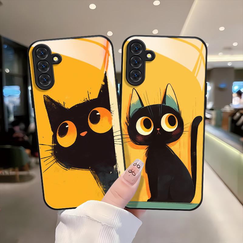 Süße schwarze Katze gehärtetes Glas Handyhülle geeignet für Samsung Galaxy S26 S25 S24 S22 S21 S20 FE/Ultra/Plus stoßfeste Rückabdeckung