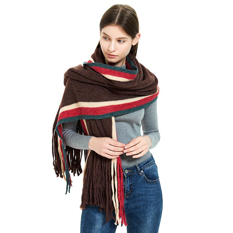 Autumn Winter Warm Shawl Female Block Color Long Tassel Scarf
