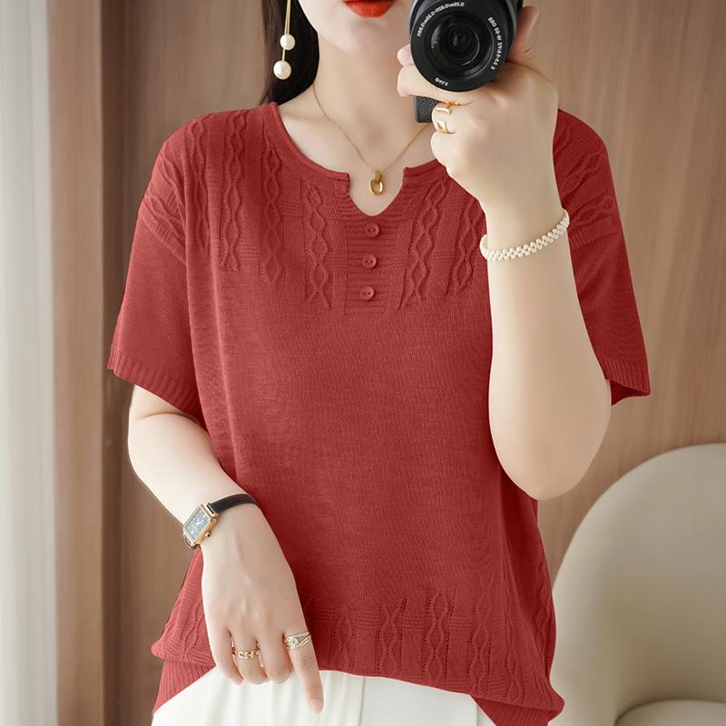 

Жіноча літня футболка з коротким рукавом 50% шовку та поліестеру | Легкий дихаючий приталений повсякденний топ XL червоний