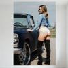 Sexy Blonde Woman In Vintage Car Tin Sign - Retro Metal Poster for Bar Home Wall Decor, Light Blue Crop Top & High-Heeled Boots