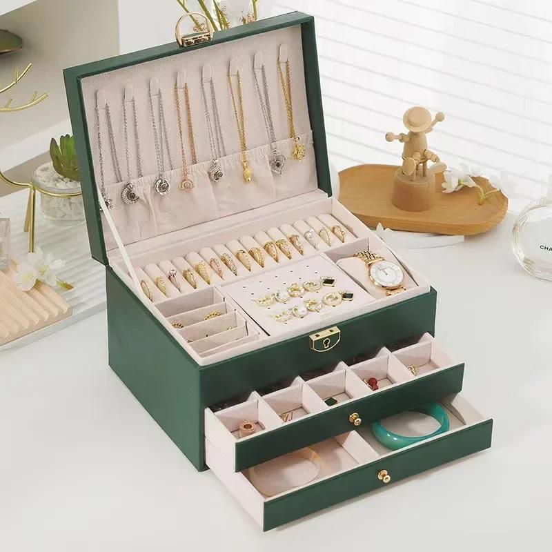 Three-layer Large-capacity Box with Compartments for Necklaces, Bracelets, Rings, Watch Storage, and Earrings and Jewelry Box