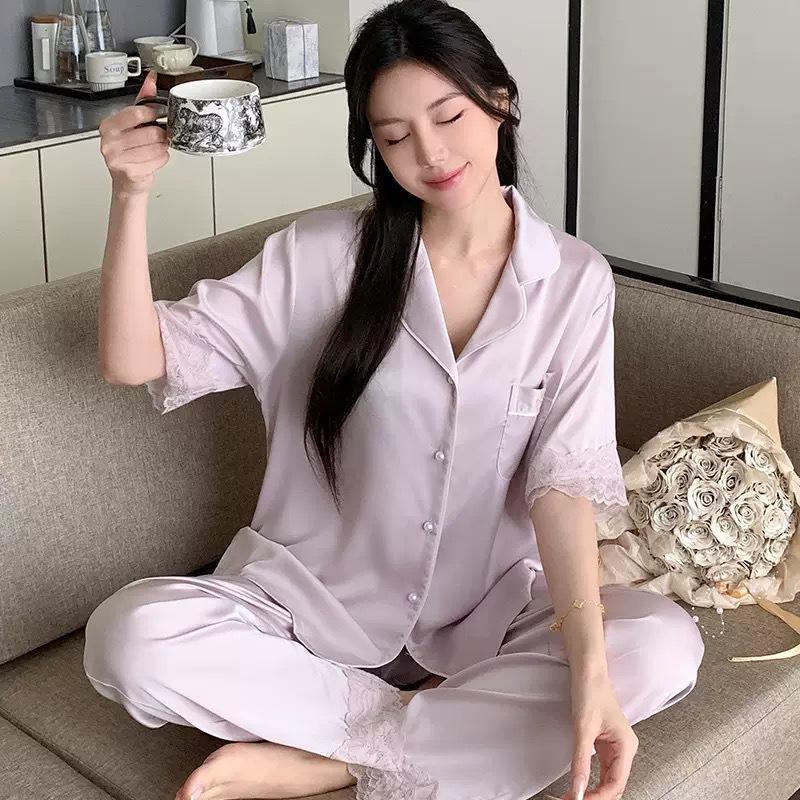 [Pearl Dodder Three-piece Set] 1011 Spring and Summer Pajamas Women's New Short Sleeve Lace Premium Ice Silk Two-piece Set