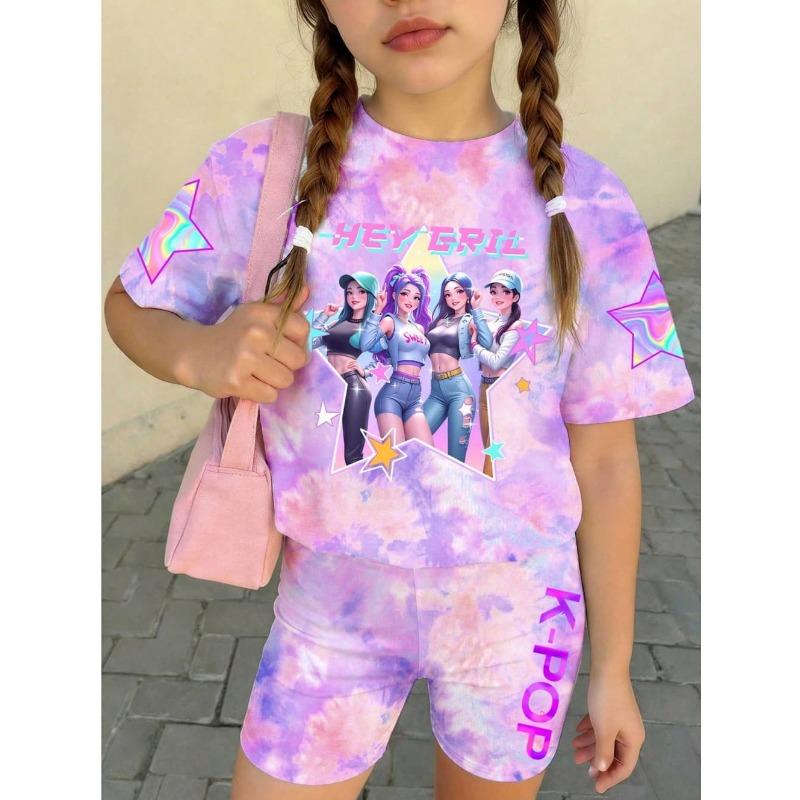 Kpop Cartoon Graphic Girls T-Shirt and Pants Set Girls' Summer Clothing Cute Short Sleeve Set Children's T-Shirt and Shorts Set