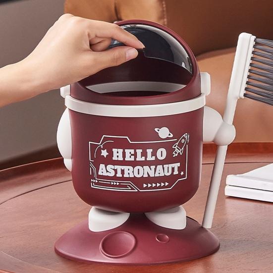 Astronaut Table Trash Can Mini Desktop Garbage Can with Lid Cute Spaceman Wastebasket with Brush for Home Office Bedroom Desk Dressing Table