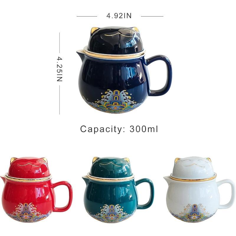 Portable Ceramic Tea Cup Set: Lucky Cat Porcelain Teapot Set with Handle - Tea Strainer - Lids and 2 Teacups - 1 Shockproof