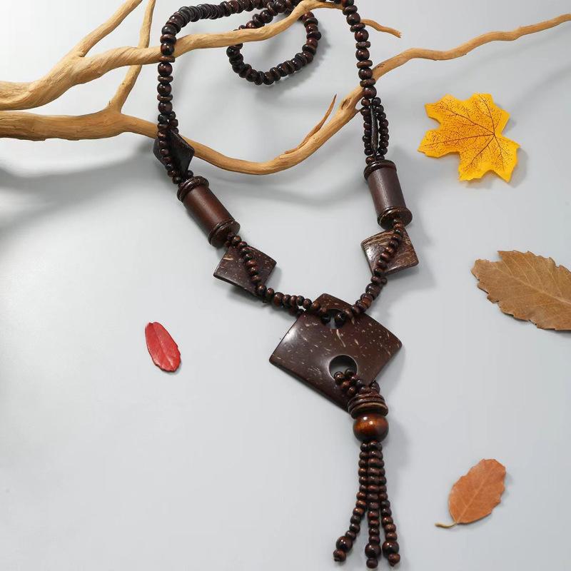 JMXD Boho Chic Ethnic Vintage Long Sweater Chain Women Fashion Beaded Wooden Beads Coconut Shell Pendant Sustainable Statement Necklace