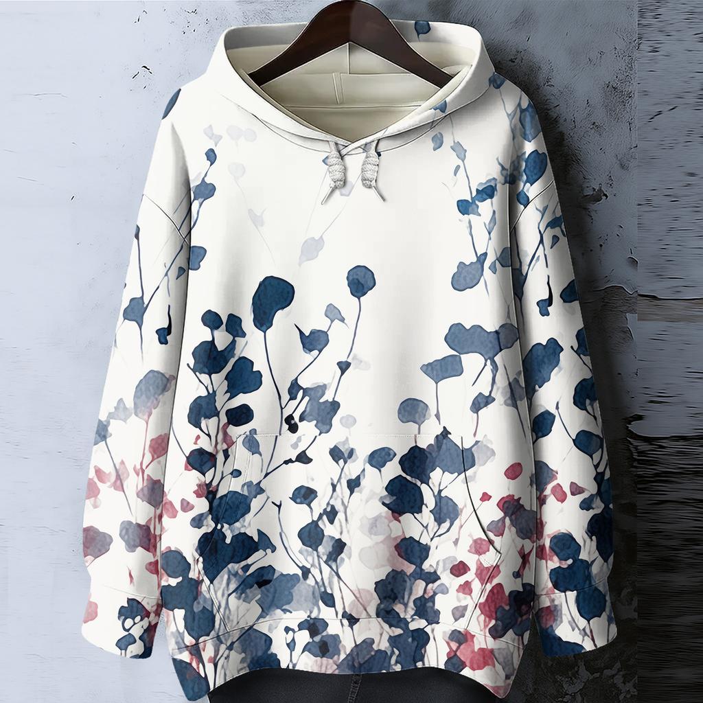 Women's Floral Print Loose Casual Long Sleeved Hooded Sweatshirt