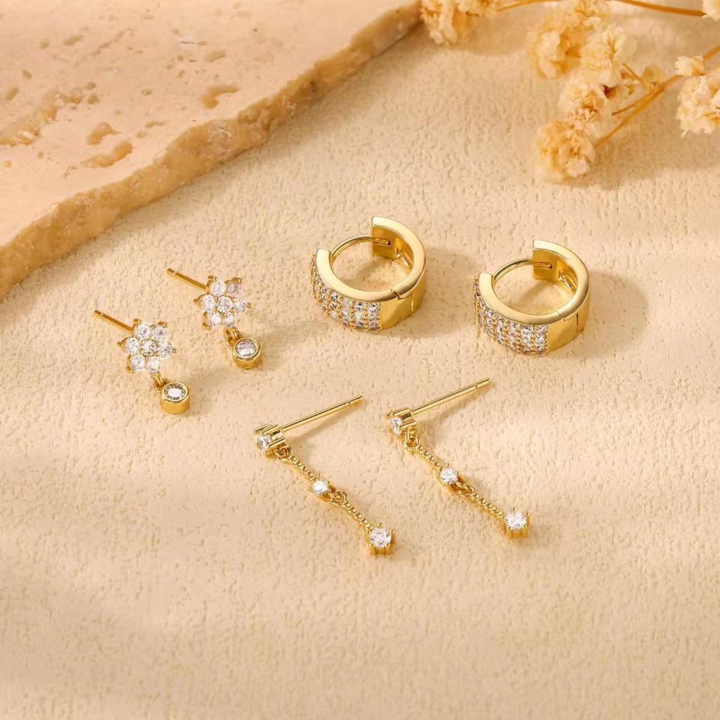 Gold-Plated Brass Tassel Earrings with Zircon Inlay - Three-Piece Set