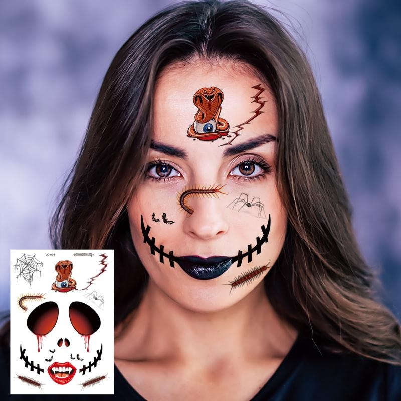 

1 лист ужасных тату-наклеек для Хэллоуина, страшный макияж для лица, водостойкий, но легко удаляемый