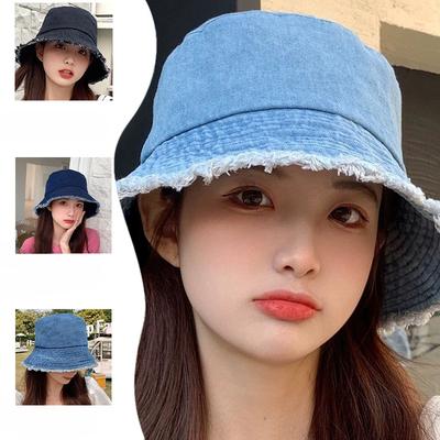 Neue koreanische Version des Frühling und Herbst Waschen Denim Gebraucht Fischerhut für Damen Retro Knopfleiste Lässig Dornen Korbhut
