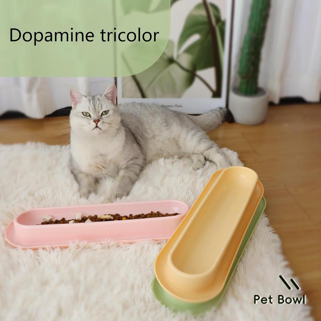 3-Piece Cats Feeding Dish - Long Multiple Cats Dining Bowl with Skidproof Bottom - Food & Water Bowl - Easy to Wash