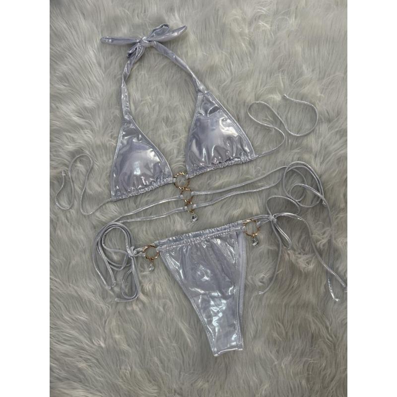 Women S Solid Crystal Diamond Strappy Split Triangle Bikini Swimsuit