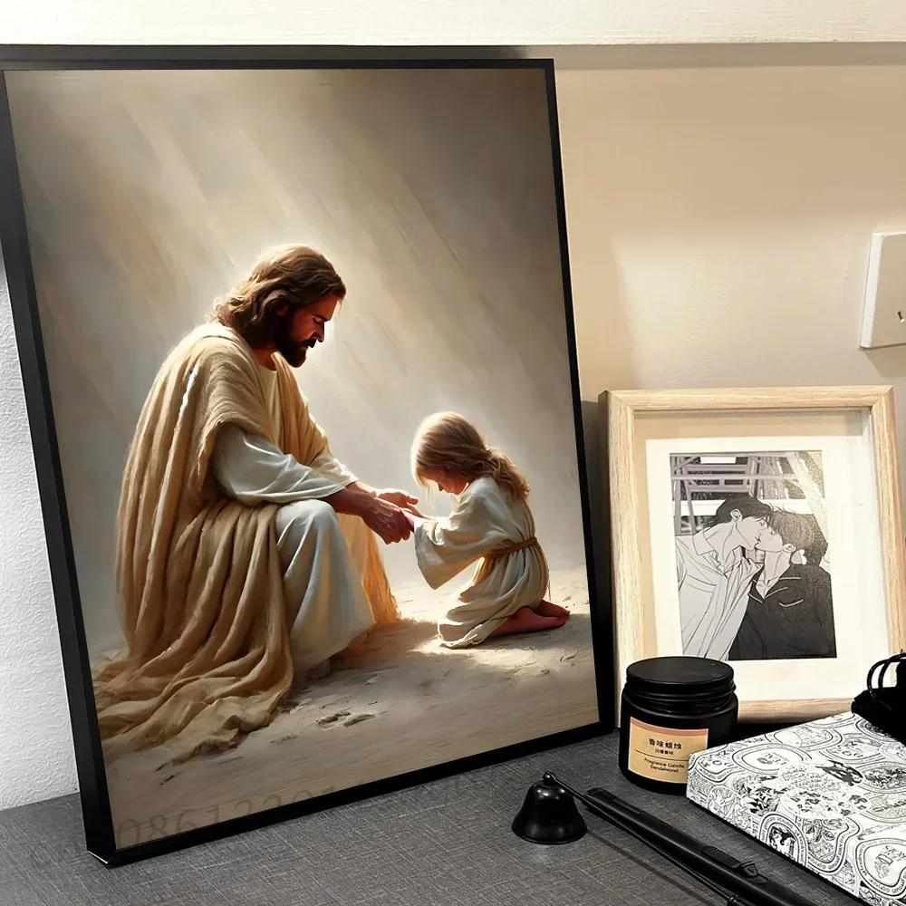 Jezus God Lam Engel Jongen Meisjes Bidden Bijbel Minimalistische Esthetiek Print Canvas Schilderij voor Woonkamer Moderne Woondecoratie