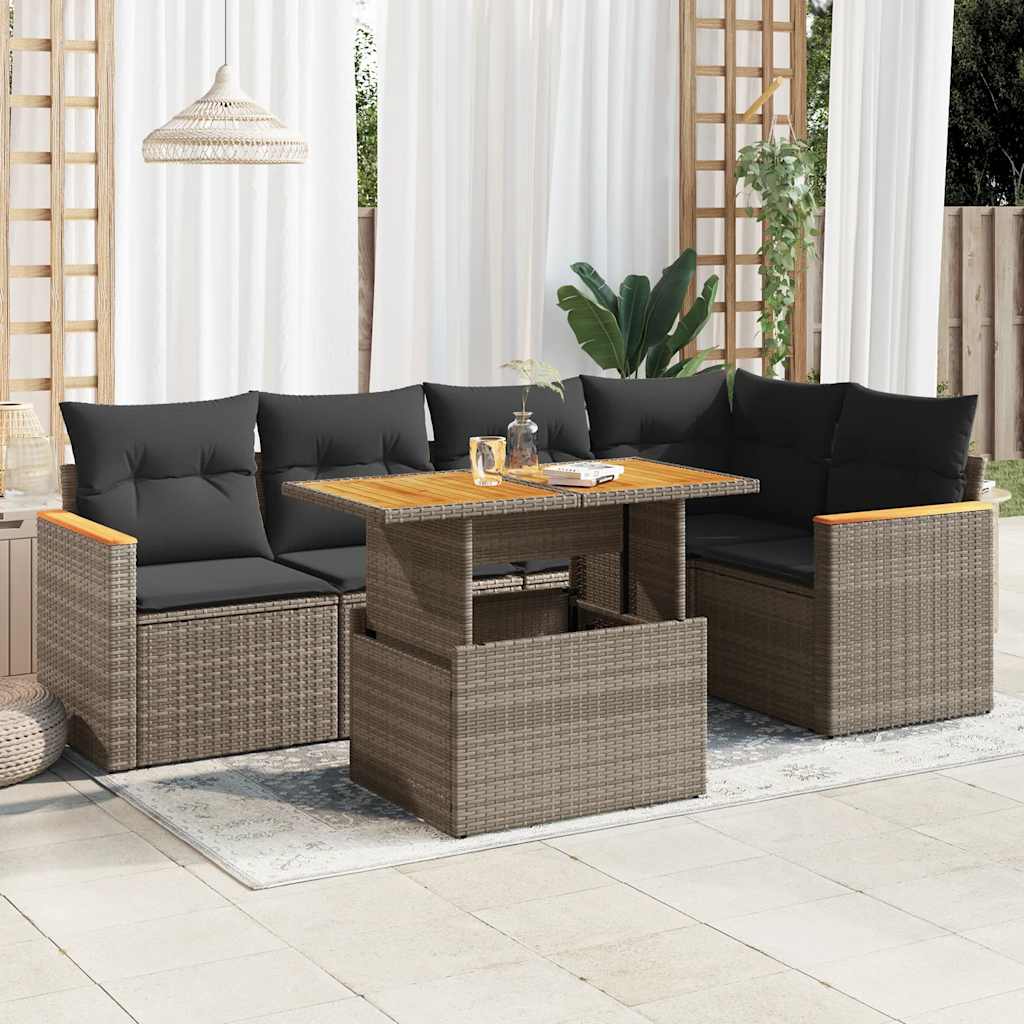 6 Piece Outdoor Sofa Set with Cushions Grey Poly Rattan & Acacia Wood