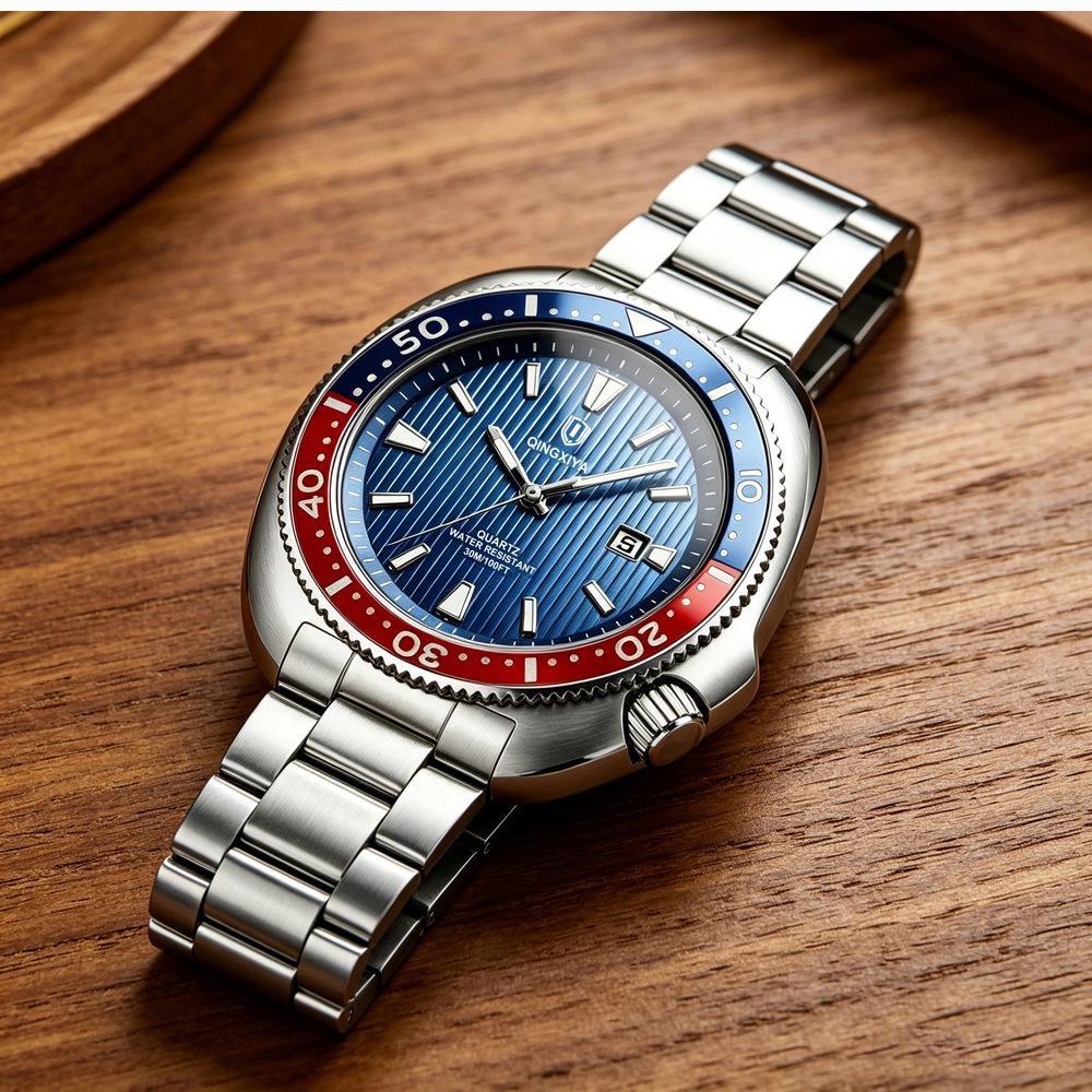 Business Mens Analog Watches Wateproof Diving Watch Luminous Dial Steel Band Daily Calendar Quartz Watch