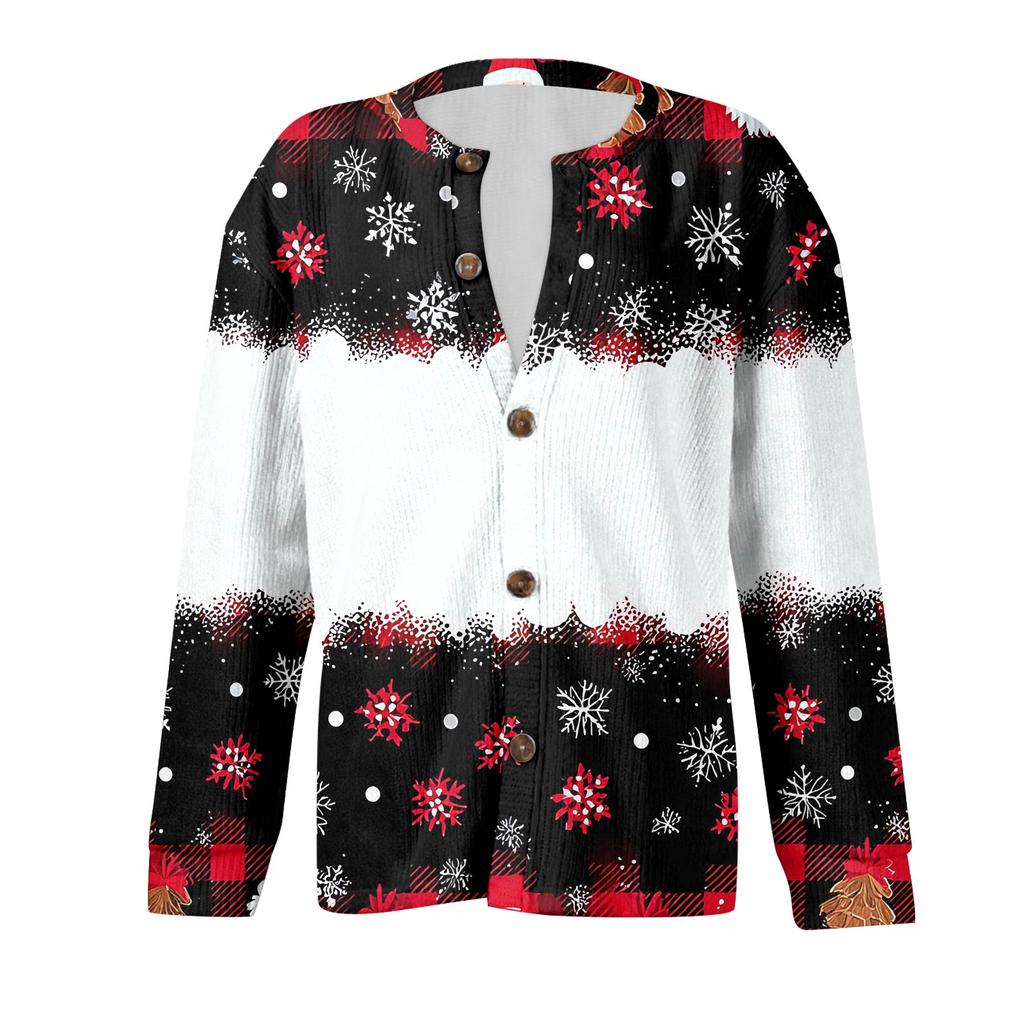 Women's Fashion Christmas Printed Long Sleeve Knitted Cardigan Button Down Jacket