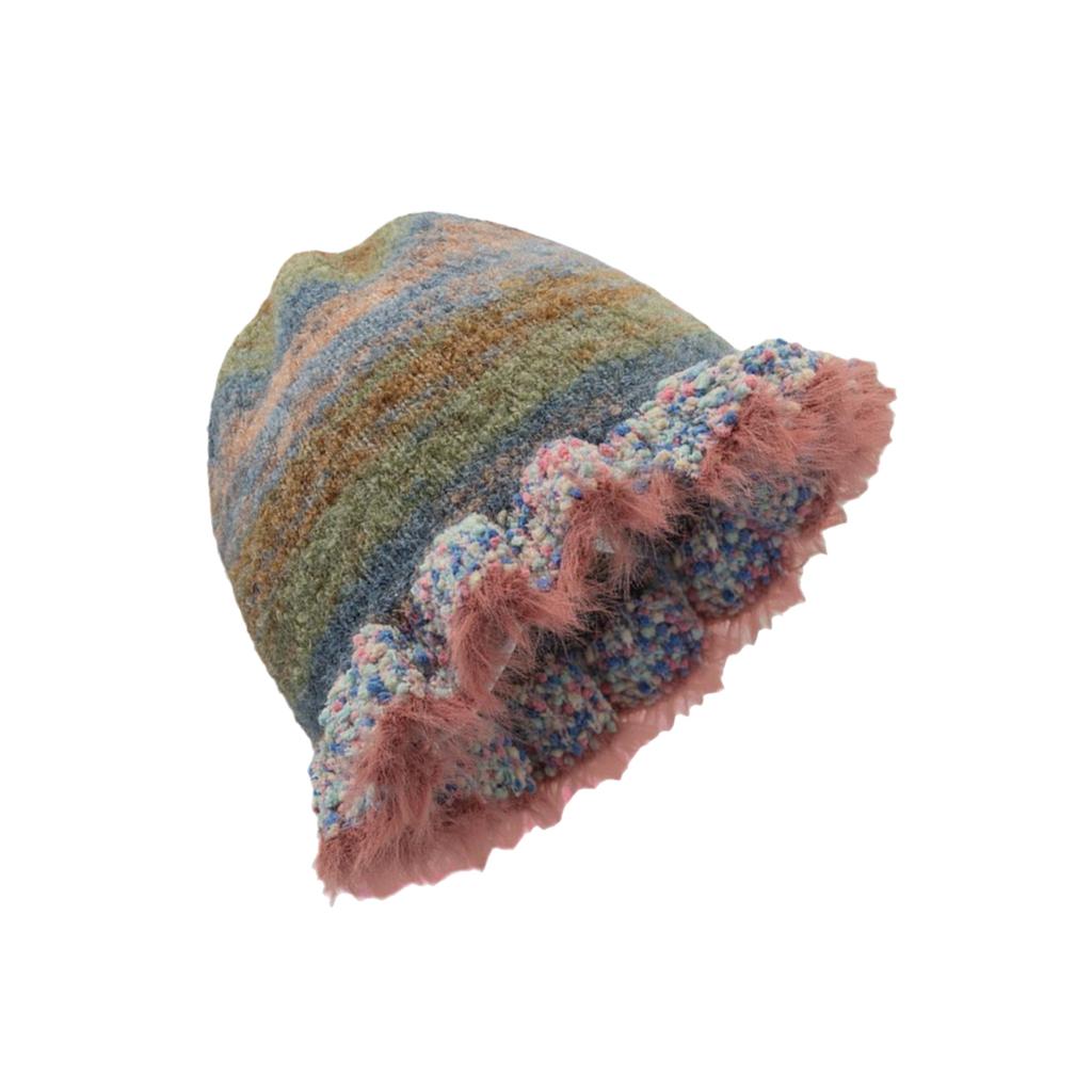 Handmade Knit Striped Bucket Hat for Woman Weaving Striped Plush Floppy Bucket Hat Adult Teens Winter Fisherman Cap