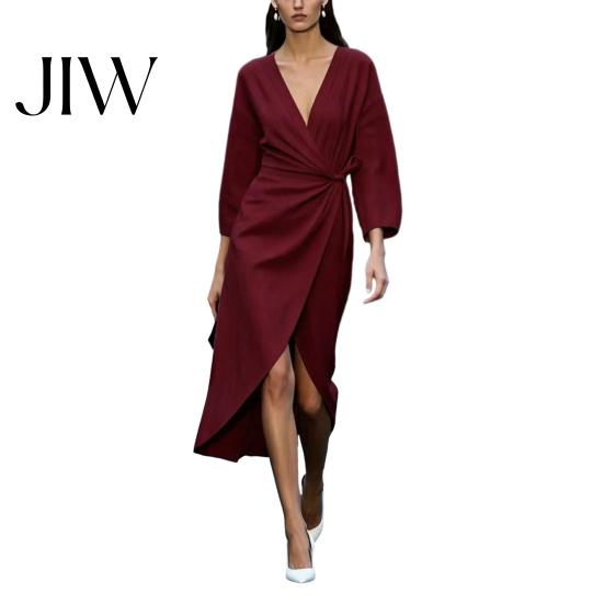 Deep V-Neck Dress Summer Women Dress, Ruffle Slim Waist Midi Long Casual Dresses Sleeves Solid Color Wrap for Daily Wear Party