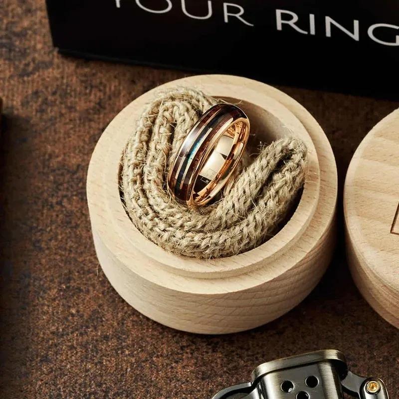 8mm Men Rose Gold Color Stainless Steel Rings Inlay Hawaiian Koa Wood and Abalone Shell Rings For Men Wedding Jewelry