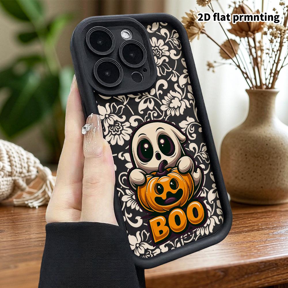 Phone Case: 2D Flat Design Suitable for iPhone 18 17 16 15 14 13 Pro, Unisex, Ghost Holding a Pumpkin, Christmas and Halloween Gift