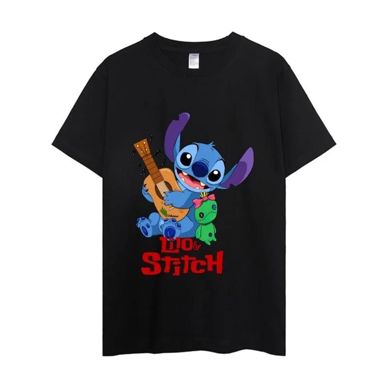 MINISO Disney Lilo Stitch T Shirt Men Couple Combination Clothes Short Sleeve Collar Fashion Woman Cotton