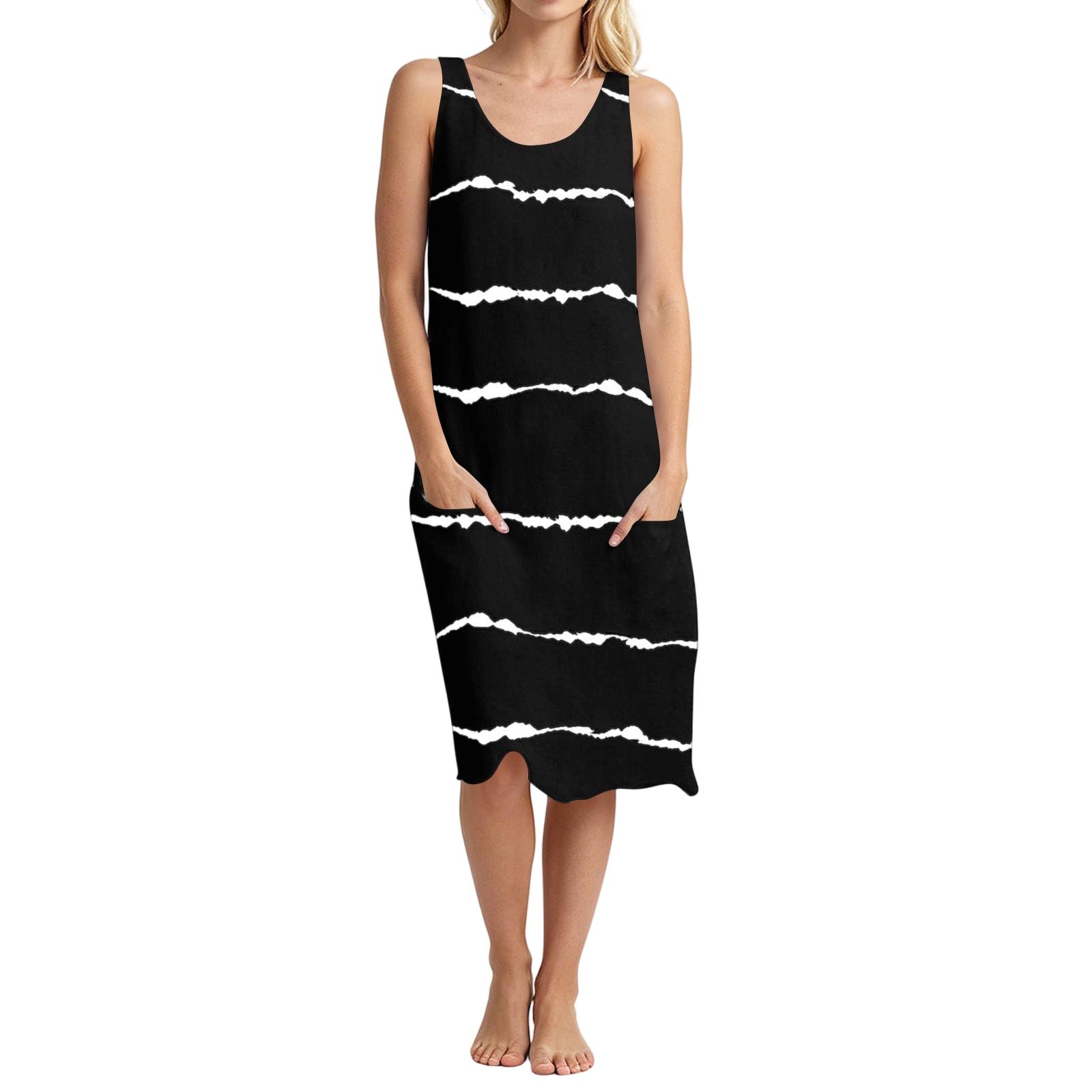 

Women Sleeveless Loose Fit Striped Casual Summer Dress Crew Neck Soft Fabric Midi Length Relaxed Style XXL чорний