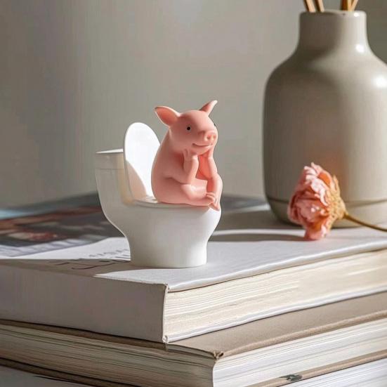 Miniature Pink Pig Toilet Toilet Thinking Pig Figurine Sitting on Statue Cartoon Farm