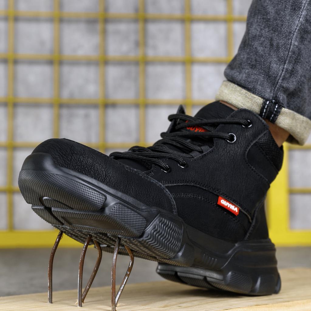 Fashion Waterproof Work Boots Men Steel Toe Boots Black Leather Safety Shoes High Top Winter Working Shoes Security Protective Boot