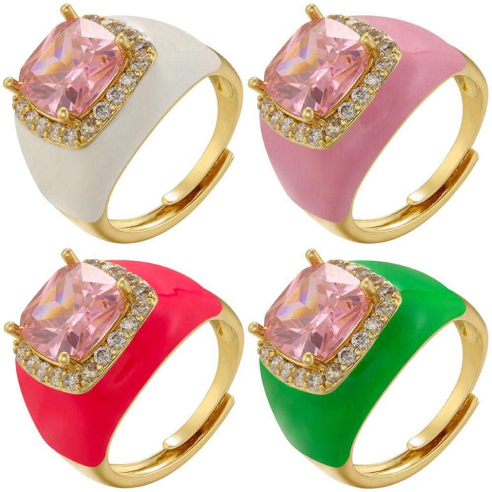 Gold Plated Zircon Open Ring Multicolor Geometric Square Ring Enamel Dripping Oil Ring  For Women