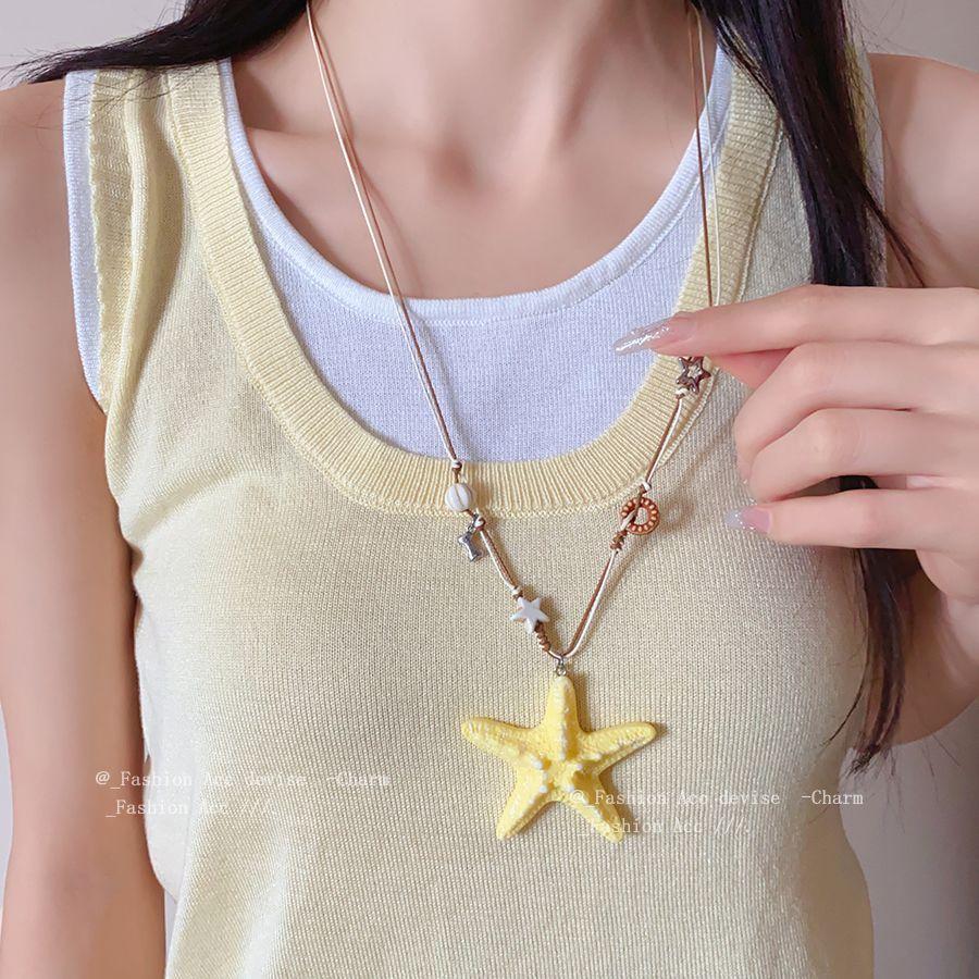 Resin Natural Stone Starfish Pendant Necklace Niche Vacation Style Collarbone Chain Versatile Simple and High-end Jewelry