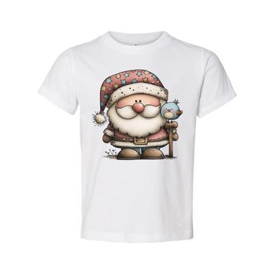 Cartoon-T-Shirt mit Weihnachtsmann-Grafik, Begleiter Vogel und Sternenhut-Design Ar