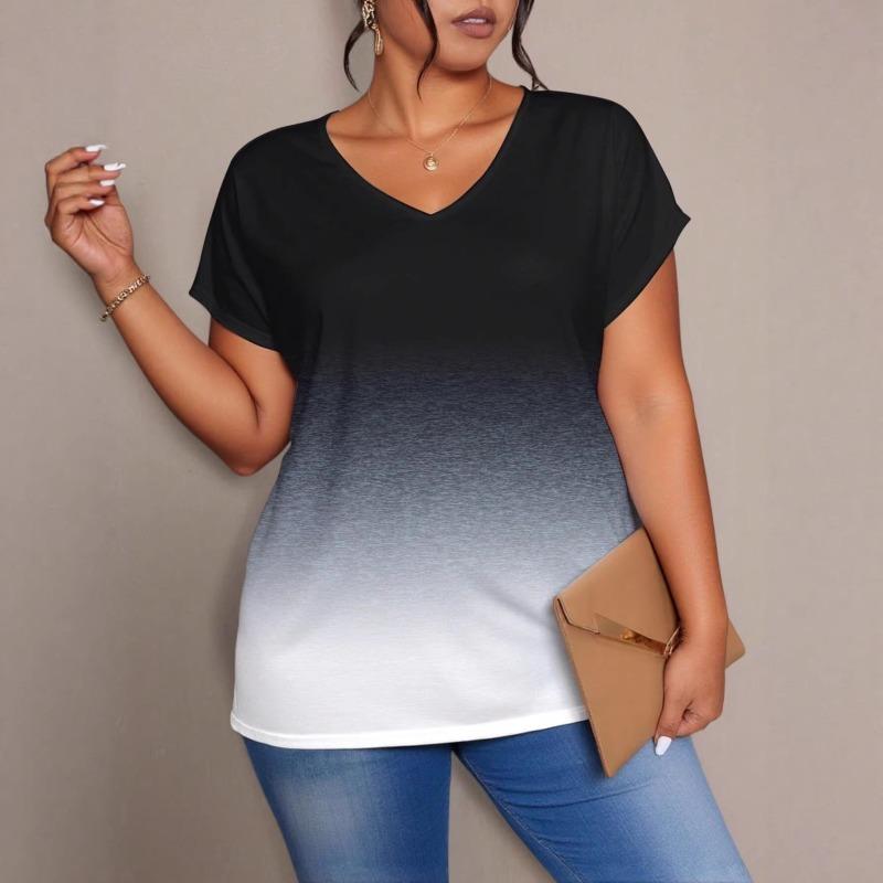 Women Short Sleeve Top Summer Basic Shirt V Neck Gradient Tie Dye Tee Tunic Tops