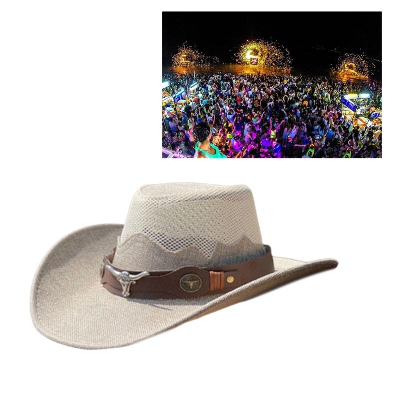 Adult Unisex Cowboy Hat for Travel Outdoor Summer Sun Hat Soft Breathable Mesh Cowgirl Hat Women Men Beach Cap Headwear