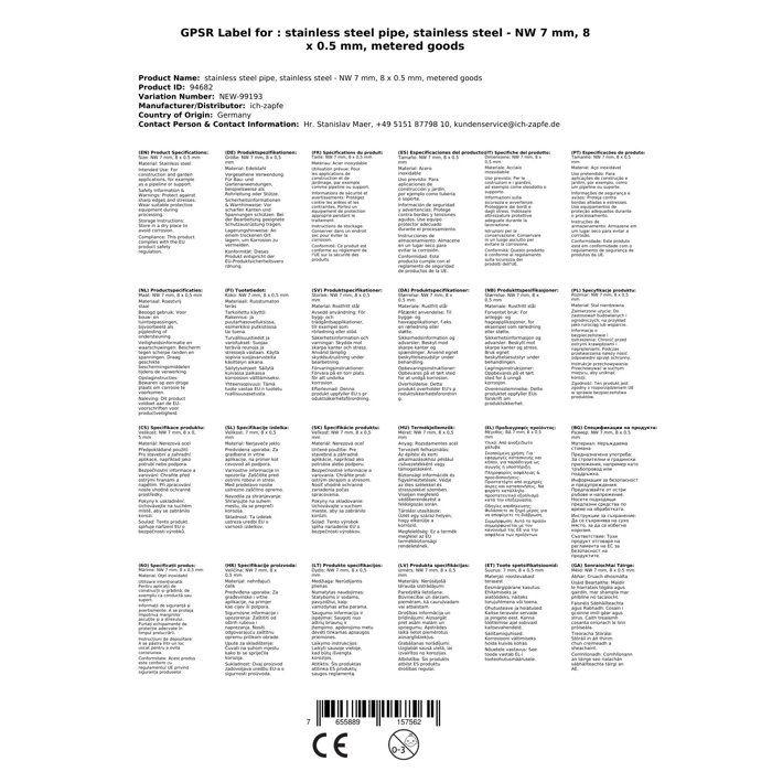 Edelstahlrohr - ICH-ZAPFE - NW 7 mm - 8 x 0,5 mm - Unbeschichtet - Hohe Qualität