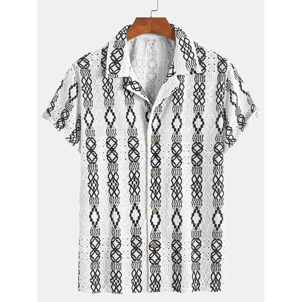 Summer 2025 Men's Short-sleeved Shirt With Black And White Stripes And Collection Pattern Print Single-breasted Fashion Shirt
