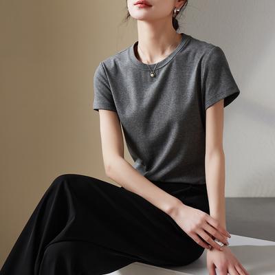 Prosty, podstawowy t-shirt z krótkim rękawem i okrągłym dekoltem dla kobiet na lato 2026, modny i wszechstronny, casualowy top w jednolitym kolorze